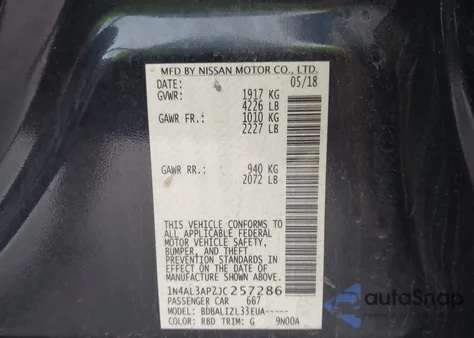 2018 Nissan Altima 2.5 Sv z USA, uszkodzony, nr VIN 1N4AL3AP2JC257286